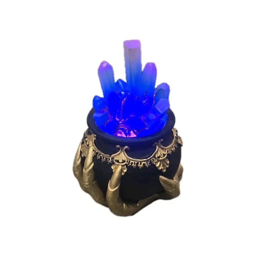 New Halloween Spooky Light Up Blue Crystal Black Cauldron W/ Witch Hand Decor